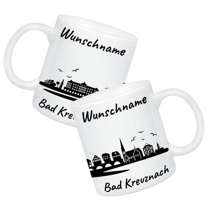 Tasse in Weiß 330ml bedruckt mit der Skyline von Bad Kreuznach personalisierbar mit Wunschname
