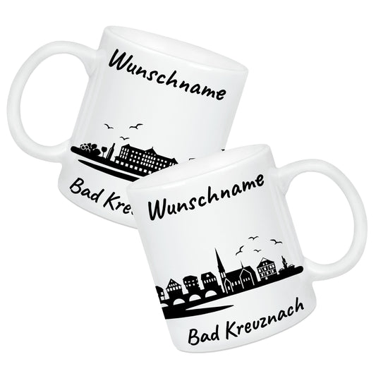 Tasse in Weiß 330ml bedruckt mit der Skyline von Bad Kreuznach personalisierbar mit Wunschname