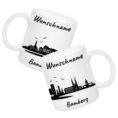 Tasse in Weiß 330ml bedruckt mit der Skyline von Bamberg personalisierbar mit Wunschname