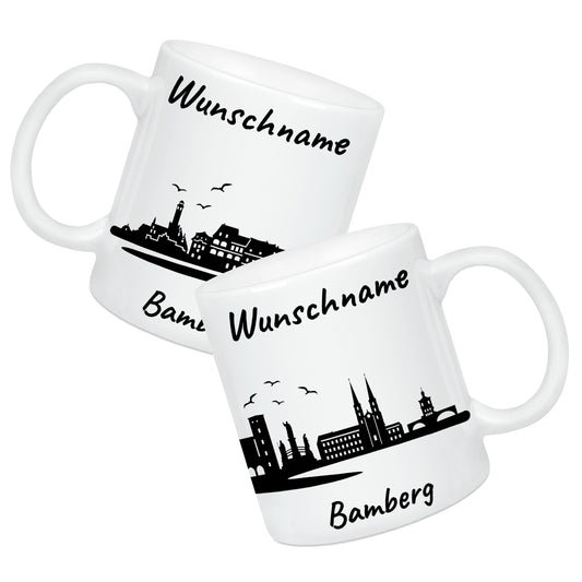 Tasse in Weiß 330ml bedruckt mit der Skyline von Bamberg personalisierbar mit Wunschname