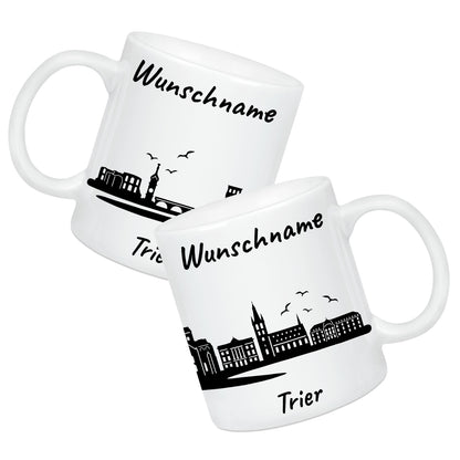 Tasse in Weiß 330ml bedruckt mit der Skyline von Trier personalisierbar mit Wunschname