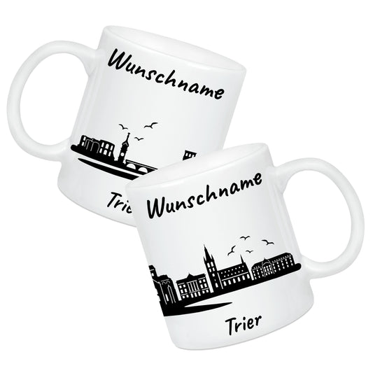Tasse in Weiß 330ml bedruckt mit der Skyline von Trier personalisierbar mit Wunschname
