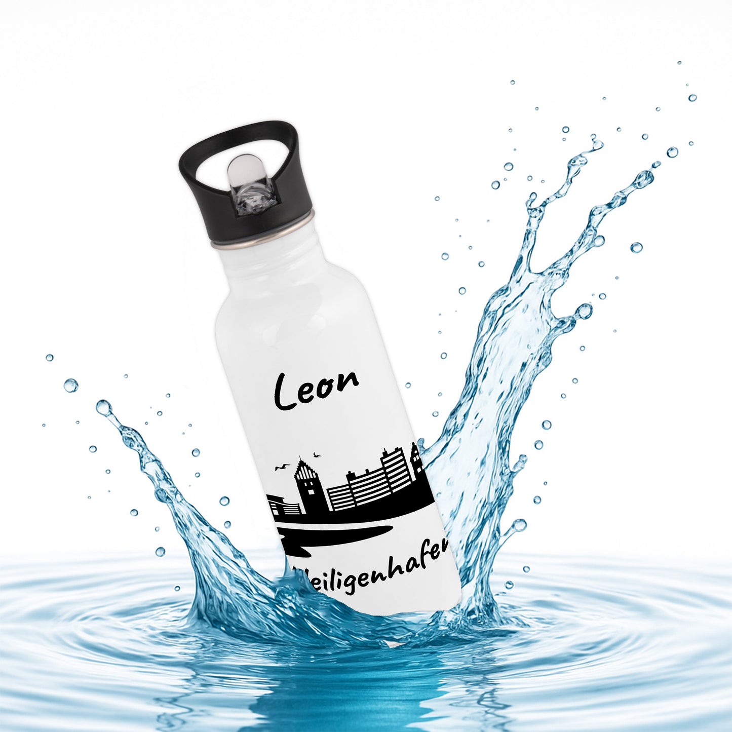 Trinkflasche in Weiß 600ml aus Edelstahl bedruckt mit der Skyline von Heiligenhafen personalisierbar mit Wunschname