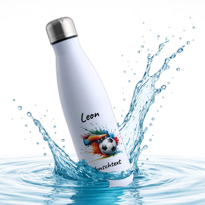 Thermoflasche 500ml in Weiß aus Edelstahl bedruckt "Fußball" Motiv6 personalisierbar mit Wunschname & Text