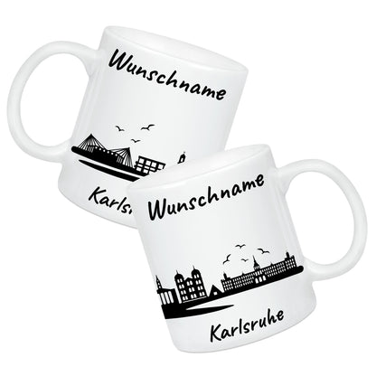 Tasse in Weiß 330ml bedruckt mit der Skyline von Karlsruhe personalisierbar mit Wunschname