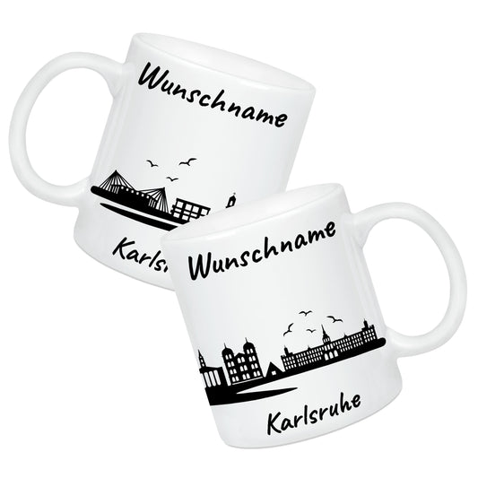 Tasse in Weiß 330ml bedruckt mit der Skyline von Karlsruhe personalisierbar mit Wunschname