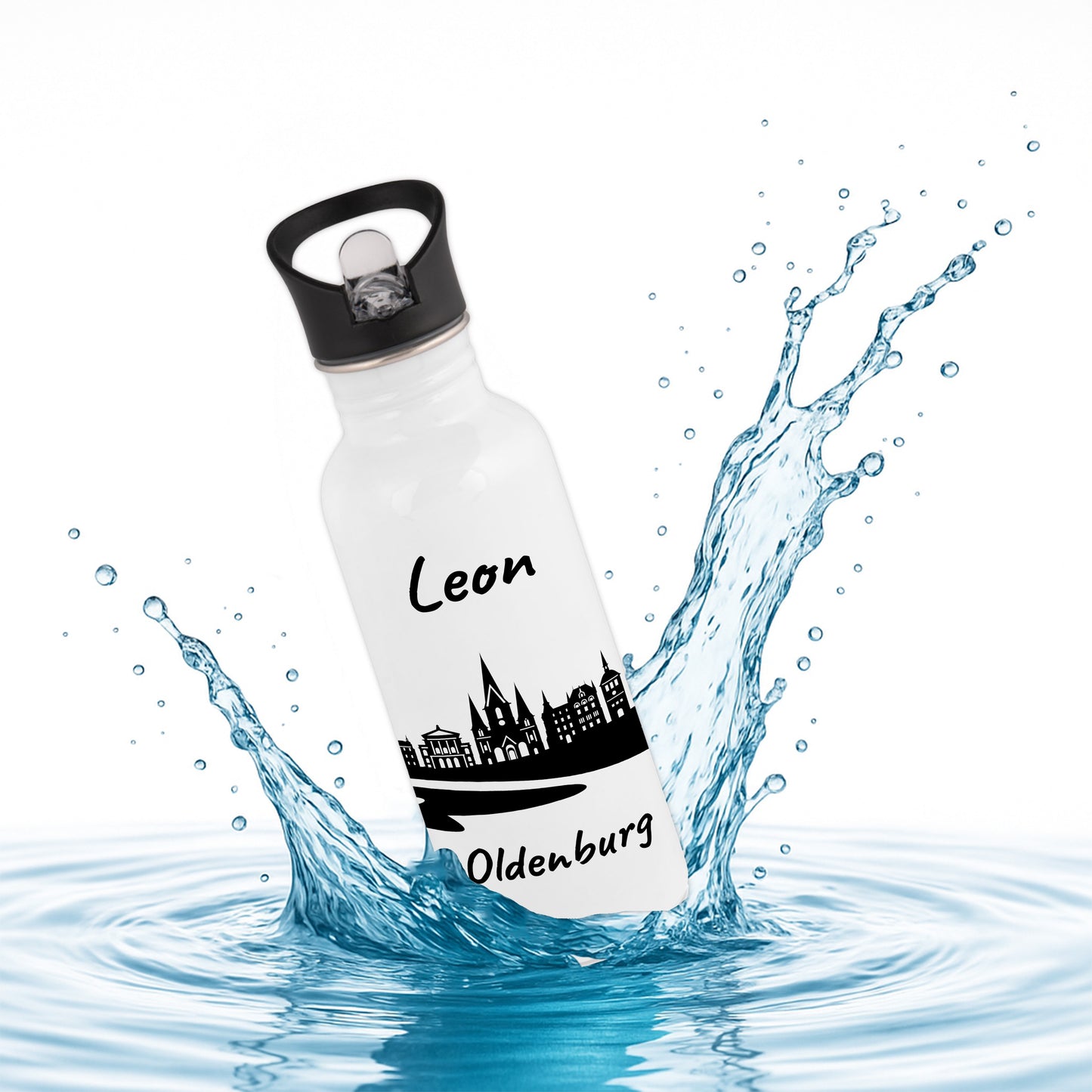 Trinkflasche in Weiß 600ml aus Edelstahl bedruckt mit der Skyline von Oldenburg personalisierbar mit Wunschname