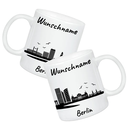 Tasse in Weiß 330ml bedruckt mit der Skyline von Berlin personalisierbar mit Wunschname