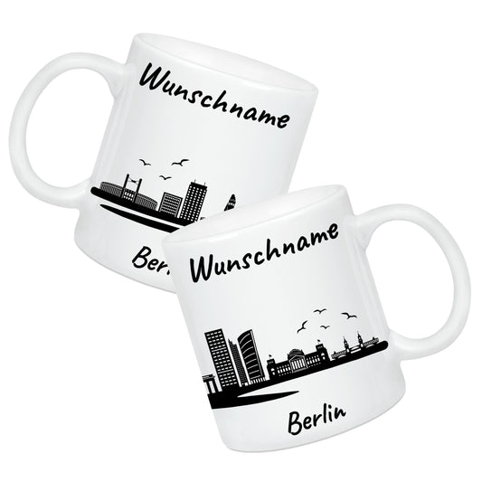Tasse in Weiß 330ml bedruckt mit der Skyline von Berlin personalisierbar mit Wunschname
