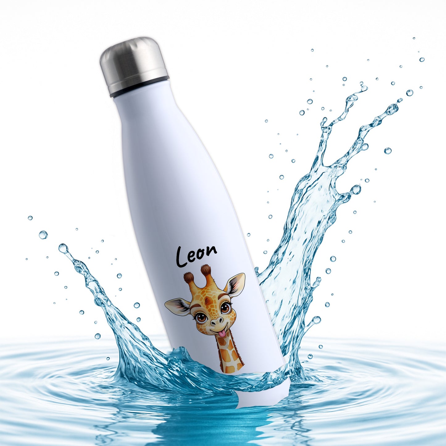 Trinkflasche in Weiß 500ml aus Edelstahl bedruckt mit niedlichen Tieren "Giraffe" personalisierbar für Kinder mit Wunschname