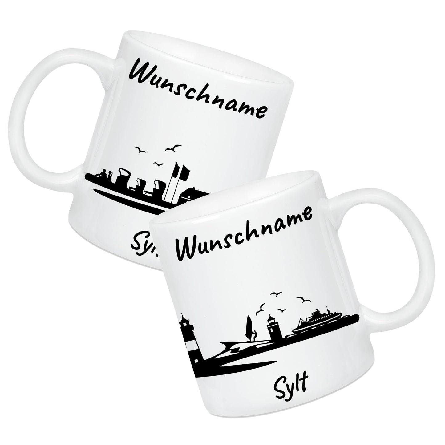 Tasse in Weiß 330ml bedruckt mit der Skyline von Sylt personalisierbar mit Wunschname