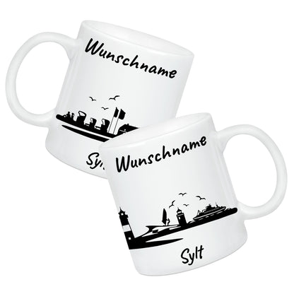 Tasse in Weiß 330ml bedruckt mit der Skyline von Sylt personalisierbar mit Wunschname