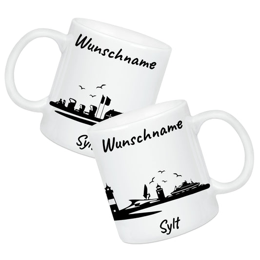Tasse in Weiß 330ml bedruckt mit der Skyline von Sylt personalisierbar mit Wunschname