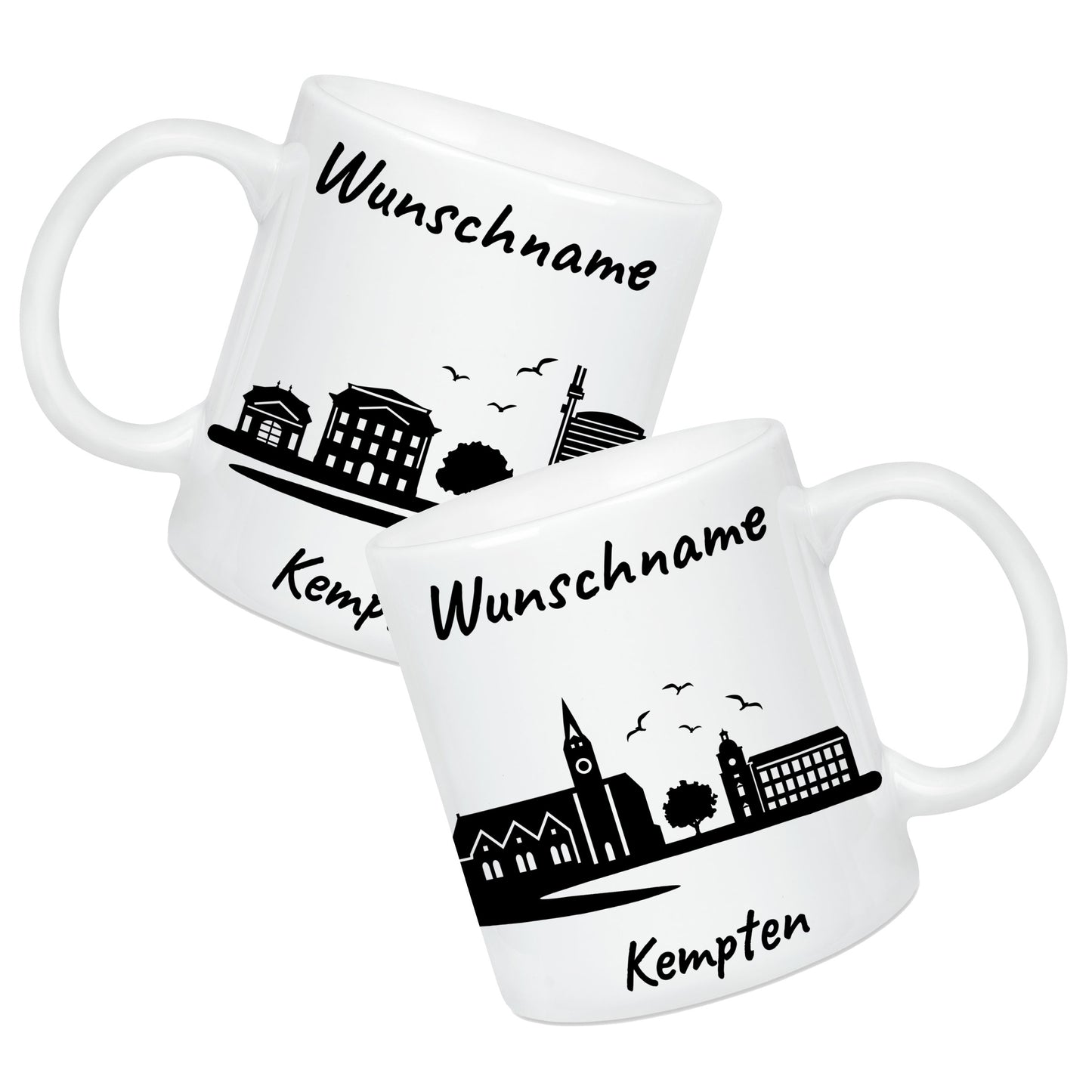 Tasse in Weiß 330ml bedruckt mit der Skyline von Kempten personalisierbar mit Wunschname