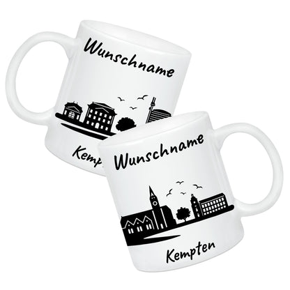 Tasse in Weiß 330ml bedruckt mit der Skyline von Kempten personalisierbar mit Wunschname