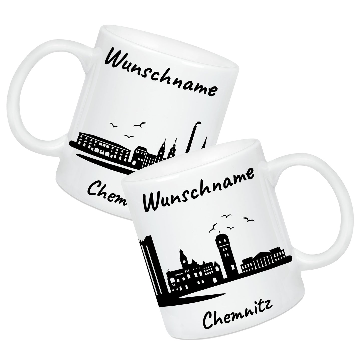 Tasse in Weiß 330ml bedruckt mit der Skyline von Chemnitz personalisierbar mit Wunschname