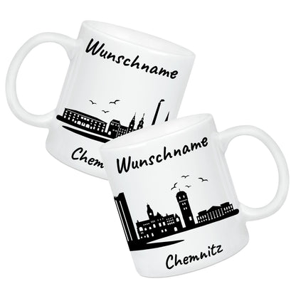 Tasse in Weiß 330ml bedruckt mit der Skyline von Chemnitz personalisierbar mit Wunschname