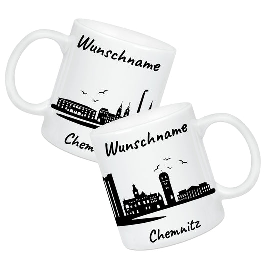 Tasse in Weiß 330ml bedruckt mit der Skyline von Chemnitz personalisierbar mit Wunschname