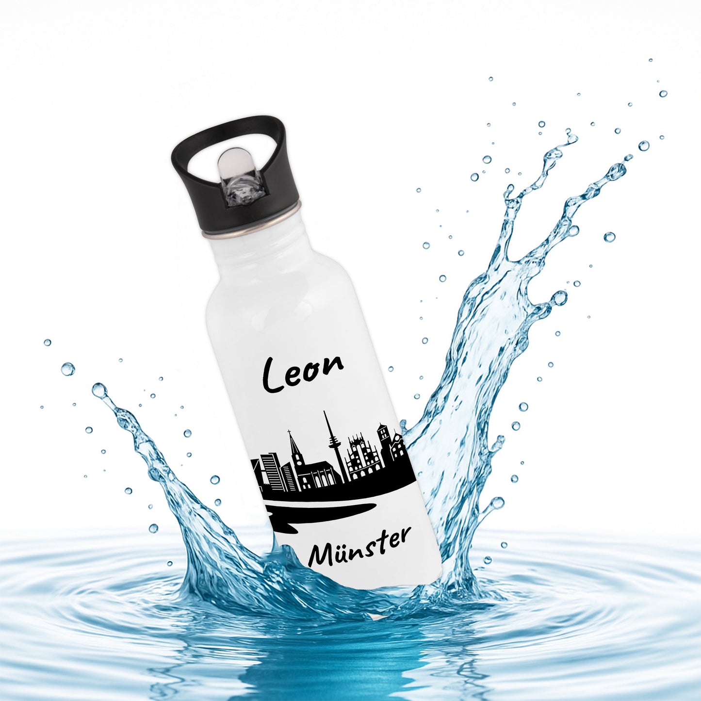 Trinkflasche in Weiß 600ml aus Edelstahl bedruckt mit der Skyline von Münster personalisierbar mit Wunschname