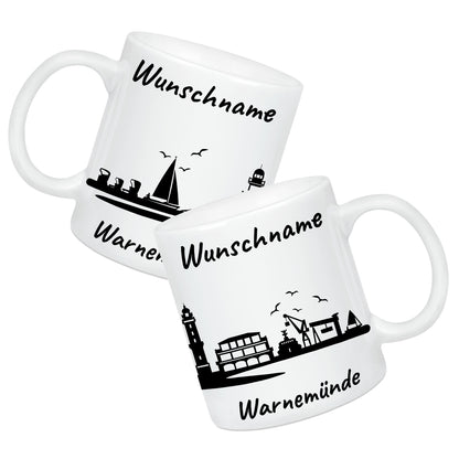 Tasse in Weiß 330ml bedruckt mit der Skyline von Warnemünde personalisierbar mit Wunschname