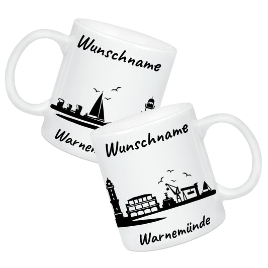 Tasse in Weiß 330ml bedruckt mit der Skyline von Warnemünde personalisierbar mit Wunschname