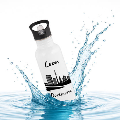 Trinkflasche in Weiß 600ml aus Edelstahl bedruckt mit der Skyline von Dortmund personalisierbar mit Wunschname