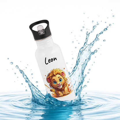 Trinkflasche mit Strohhalm in Weiß 600ml bedruckt mit niedlichen Tieren"Löwe" personalisierbar für Kinder mit Wunschname aus Edelstahl