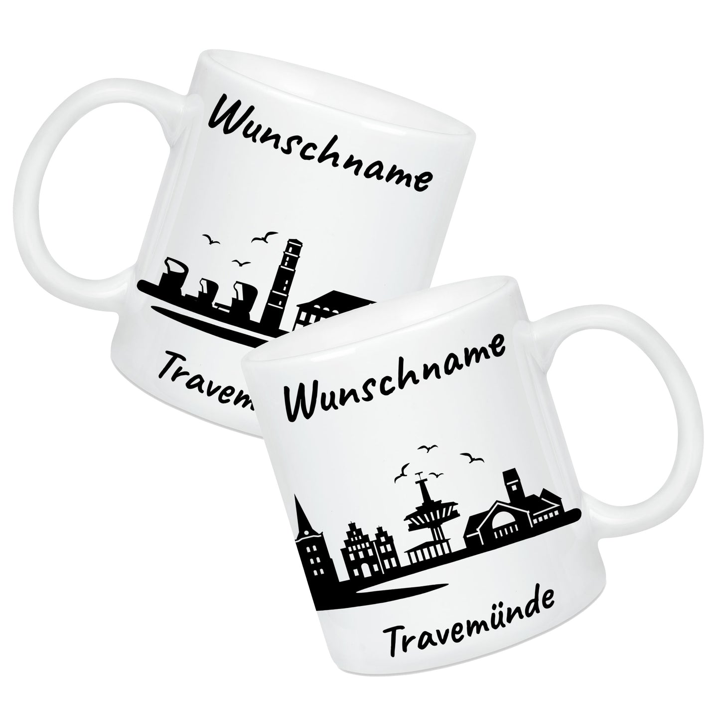 Tasse in Weiß 330ml bedruckt mit der Skyline von Travemünde personalisierbar mit Wunschname