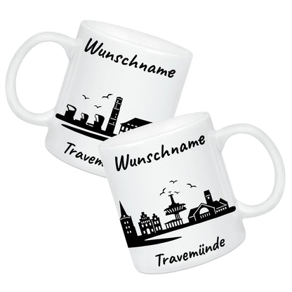 Tasse in Weiß 330ml bedruckt mit der Skyline von Travemünde personalisierbar mit Wunschname
