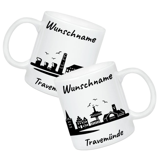 Tasse in Weiß 330ml bedruckt mit der Skyline von Travemünde personalisierbar mit Wunschname