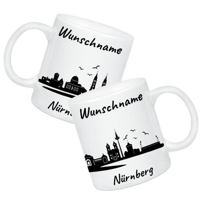 Tasse in Weiß 330ml bedruckt mit der Skyline von Nürnberg personalisierbar mit Wunschname