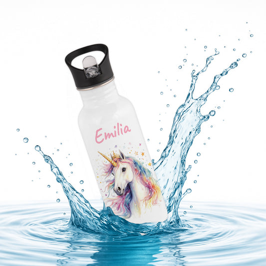 Trinkflasche mit Strohhalm in Weiß 600ml bedruckt mit tollen Motiven für Kinder "Einhorn" personalisierbar für Kinder mit Wunschname aus Edelstahl