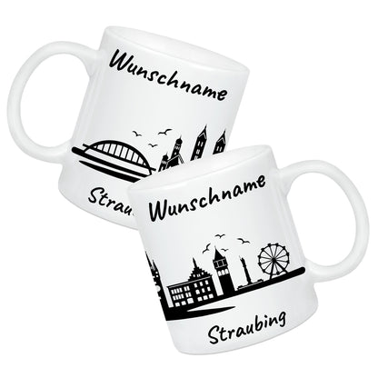 Tasse in Weiß 330ml bedruckt mit der Skyline von Straubing personalisierbar mit Wunschname