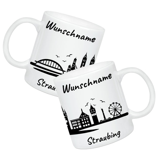 Tasse in Weiß 330ml bedruckt mit der Skyline von Straubing personalisierbar mit Wunschname