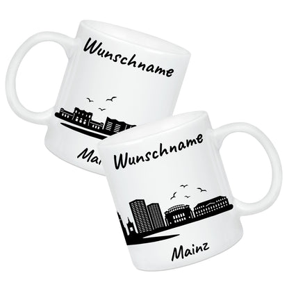 Tasse in Weiß 330ml bedruckt mit der Skyline von Mainz personalisierbar mit Wunschname