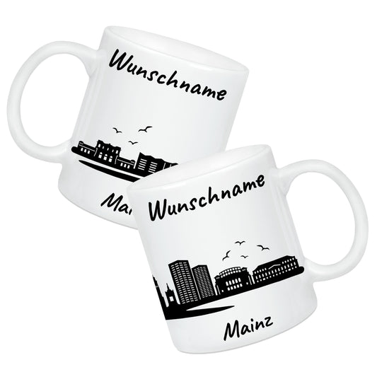 Tasse in Weiß 330ml bedruckt mit der Skyline von Mainz personalisierbar mit Wunschname