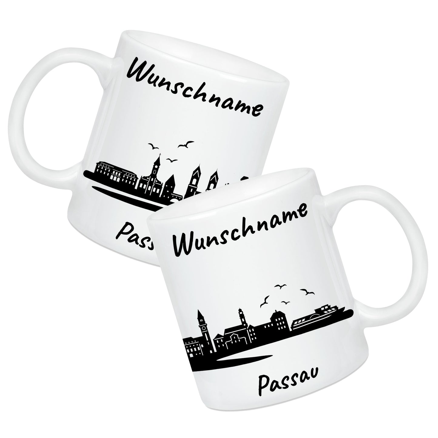 Tasse in Weiß 330ml bedruckt mit der Skyline von Passau personalisierbar mit Wunschname