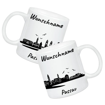 Tasse in Weiß 330ml bedruckt mit der Skyline von Passau personalisierbar mit Wunschname