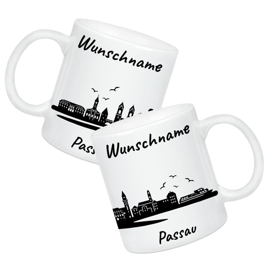 Tasse in Weiß 330ml bedruckt mit der Skyline von Passau personalisierbar mit Wunschname