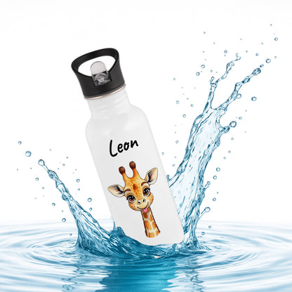 Trinkflasche mit Strohhalm in Weiß 600ml bedruckt mit niedlichen Tieren"Giraffe" personalisierbar für Kinder mit Wunschname aus Edelstahl
