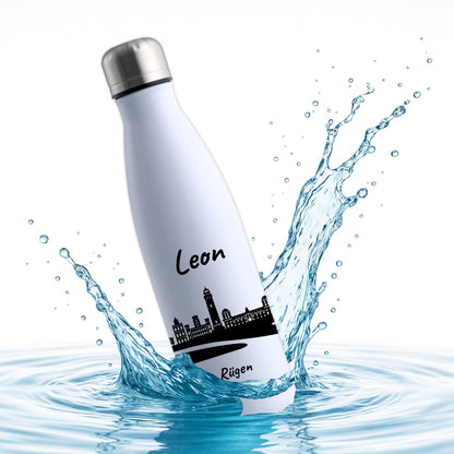 Trinkflasche in Weiß 500ml aus Edelstahl bedruckt mit der Skyline von Rügen personalisierbar mit Wunschname