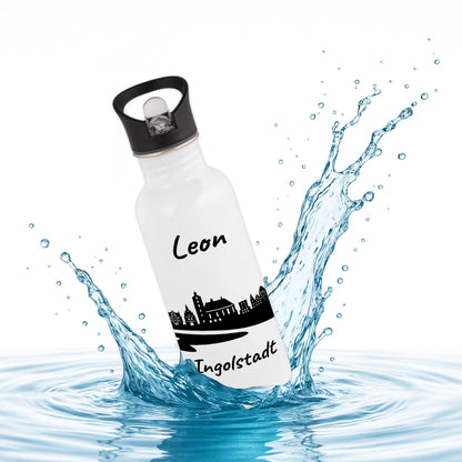 Trinkflasche in Weiß 600ml aus Edelstahl bedruckt mit der Skyline von Ingolstadt personalisierbar mit Wunschname