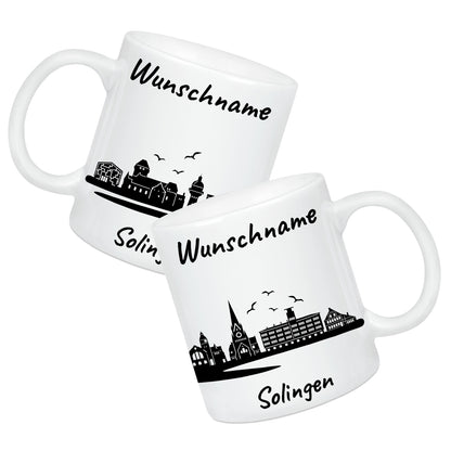 Tasse in Weiß 330ml bedruckt mit der Skyline von Solingen personalisierbar mit Wunschname