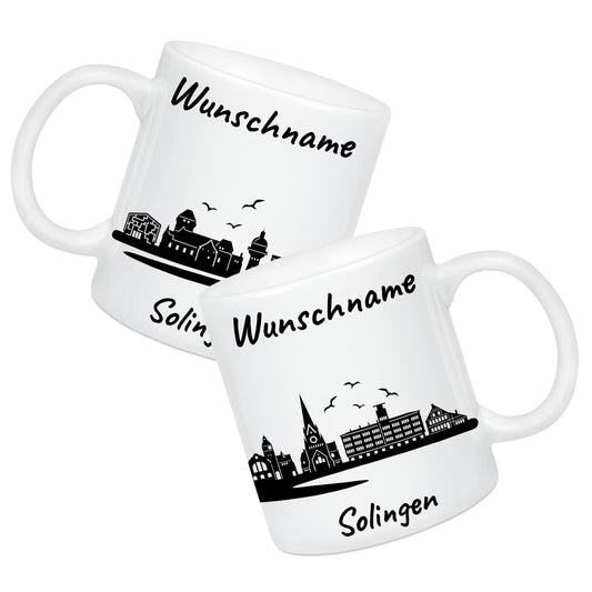 Tasse in Weiß 330ml bedruckt mit der Skyline von Solingen personalisierbar mit Wunschname
