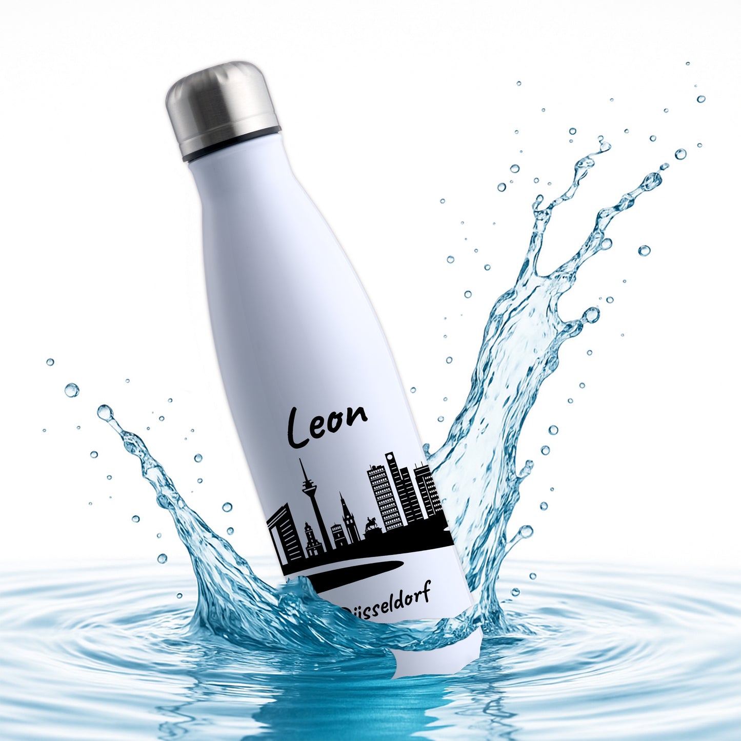Trinkflasche in Weiß 500ml aus Edelstahl bedruckt mit der Skyline von Düsseldorf personalisierbar mit Wunschname