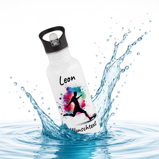 Trinkflasche mit Strohhalm in Weiß 600ml bedruckt mit Fußball Motiven"Motiv4" personalisierbar für Kinder mit Wunschname aus Edelstahl