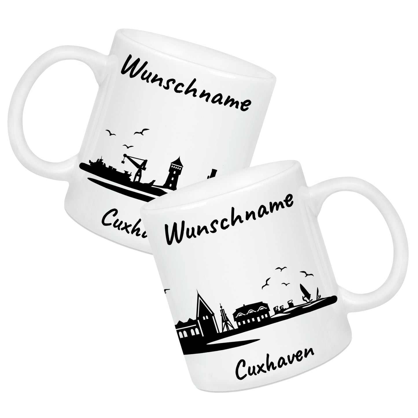 Tasse in Weiß 330ml bedruckt mit der Skyline von Cuxhaven personalisierbar mit Wunschname