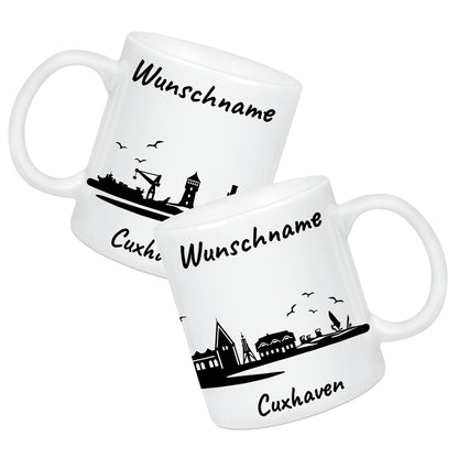 Tasse in Weiß 330ml bedruckt mit der Skyline von Cuxhaven personalisierbar mit Wunschname