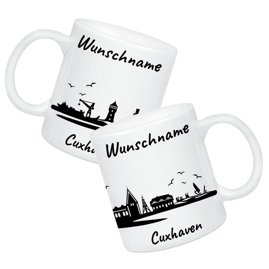 Tasse in Weiß 330ml bedruckt mit der Skyline von Cuxhaven personalisierbar mit Wunschname