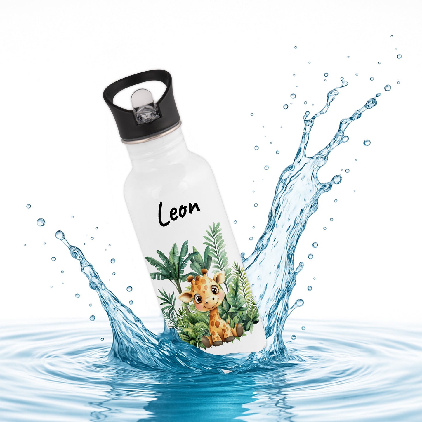 Trinkflasche mit Strohhalm in Weiß 600ml bedruckt mit Dschungel Tieren"Giraffe" personalisierbar für Kinder mit Wunschname aus Edelstahl